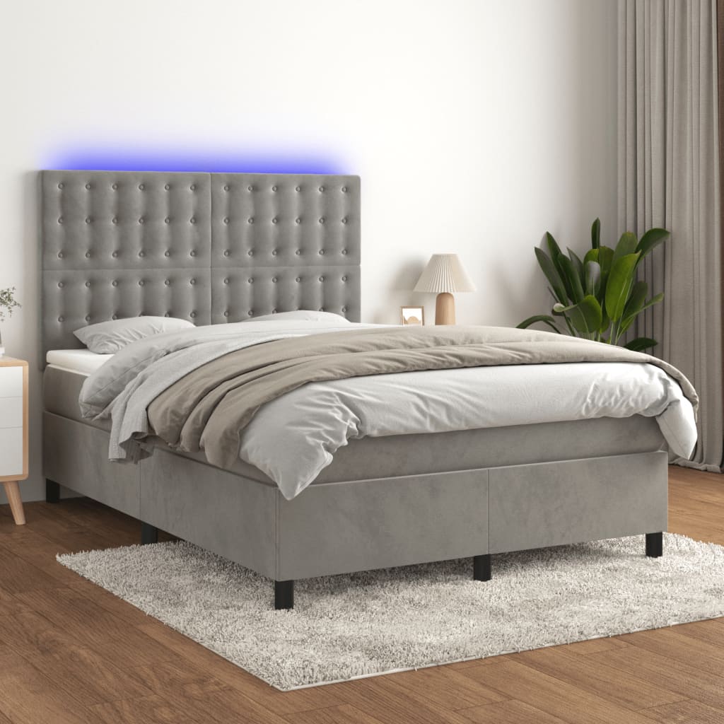 Krevet box spring s madracem LED svjetlosivi 140x200 cm baršun