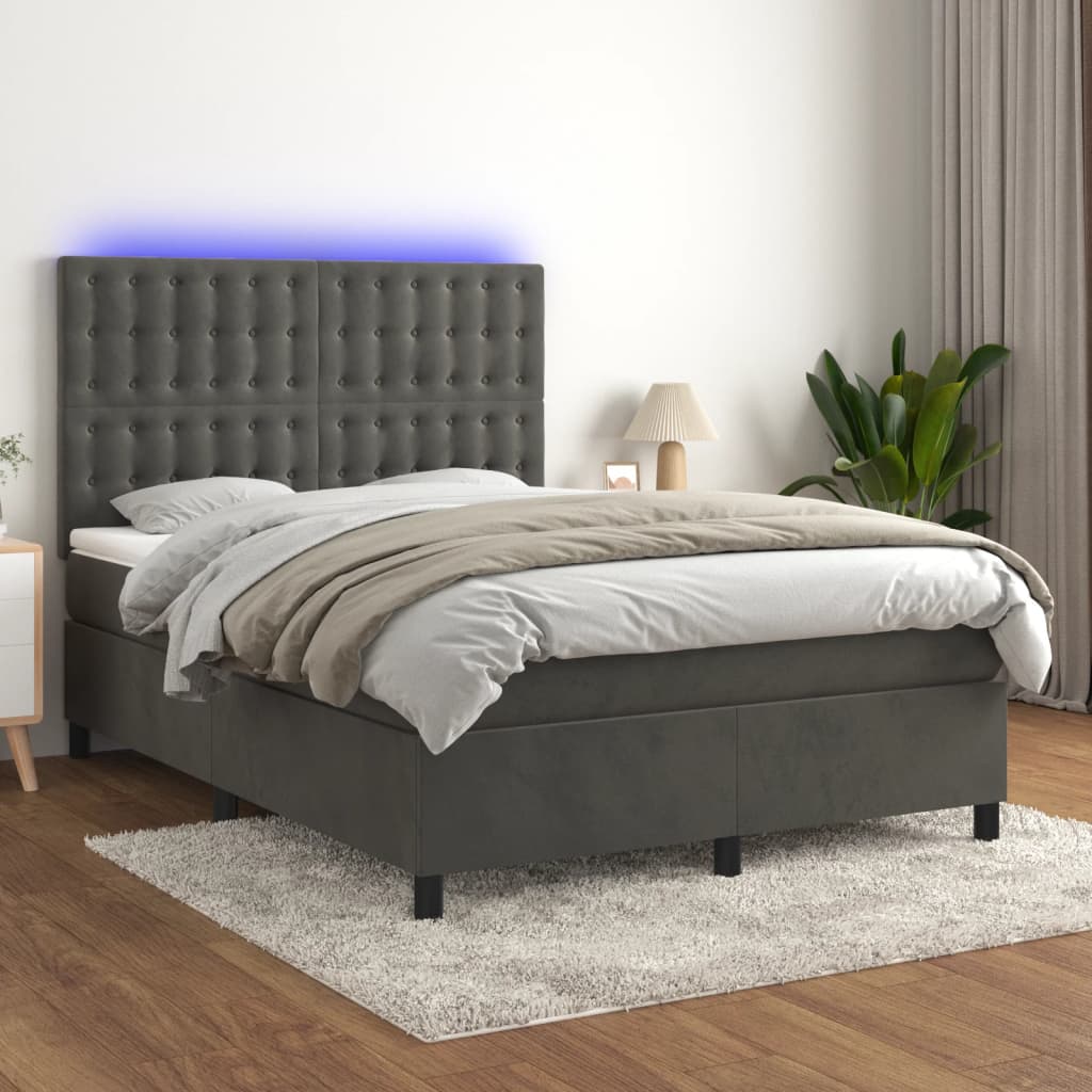 Krevet box spring s madracem LED tamnosivi 140x200 cm baršun