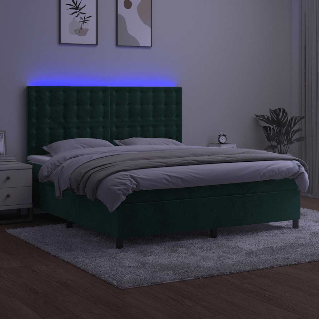 Krevet box spring s madracem LED tamnozeleni 180x200 cm baršun