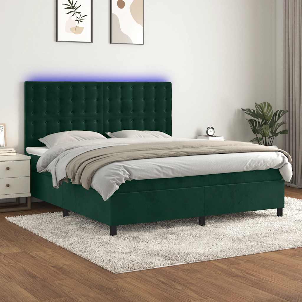 Krevet box spring s madracem LED tamnozeleni 180x200 cm baršun