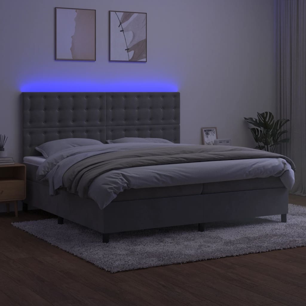 Krevet box spring s madracem LED svjetlosivi 200x200 cm baršun