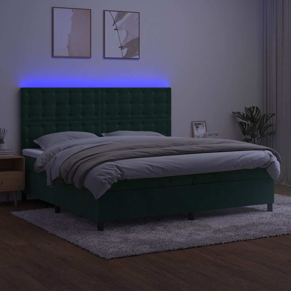 Krevet box spring s madracem LED tamnozeleni 200x200 cm baršun