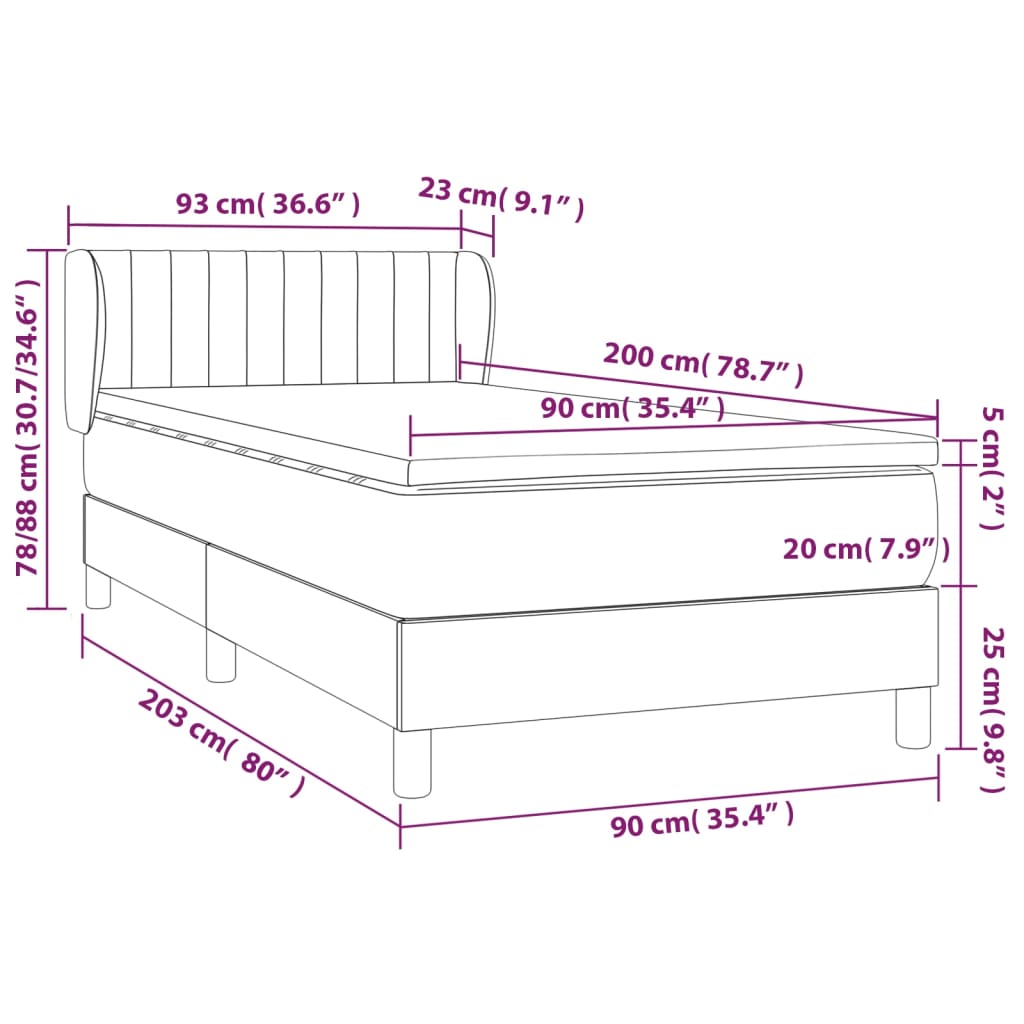 Box spring krevet s madracem tamnosivi 90x200 cm baršunasti