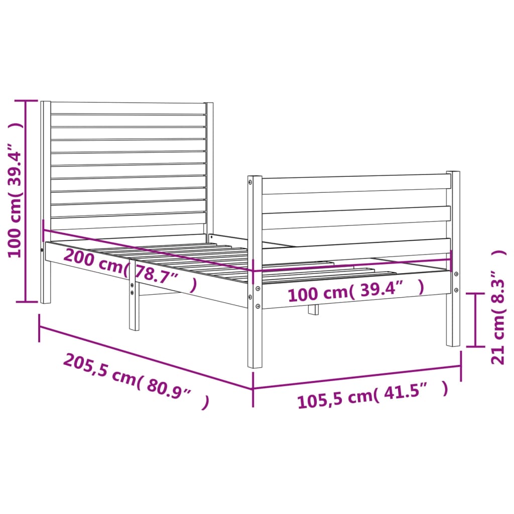 Okvir za krevet s uzglavljem 100x200 cm od masivnog drva