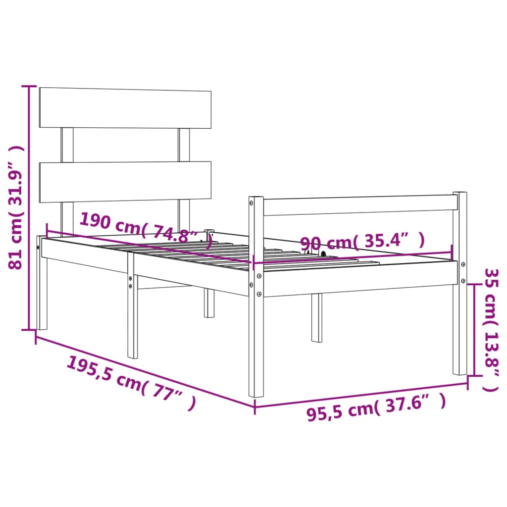 Krevet za starije s uzglavljem bijeli mali od masivnog drva