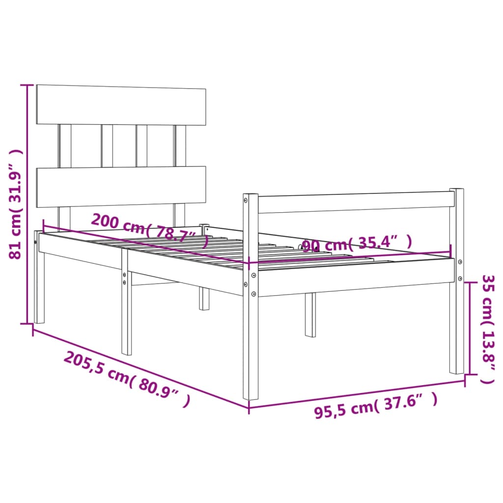 Krevet za starije s uzglavljem 90x200 cm od masivnog drva