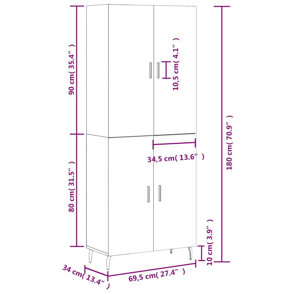 Visoka komoda bijela 69,5x34x180 cm konstruirano drvo