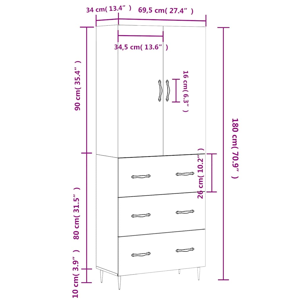Visoka komoda siva sonome 69,5x34x180 cm od konstruiranog drva
