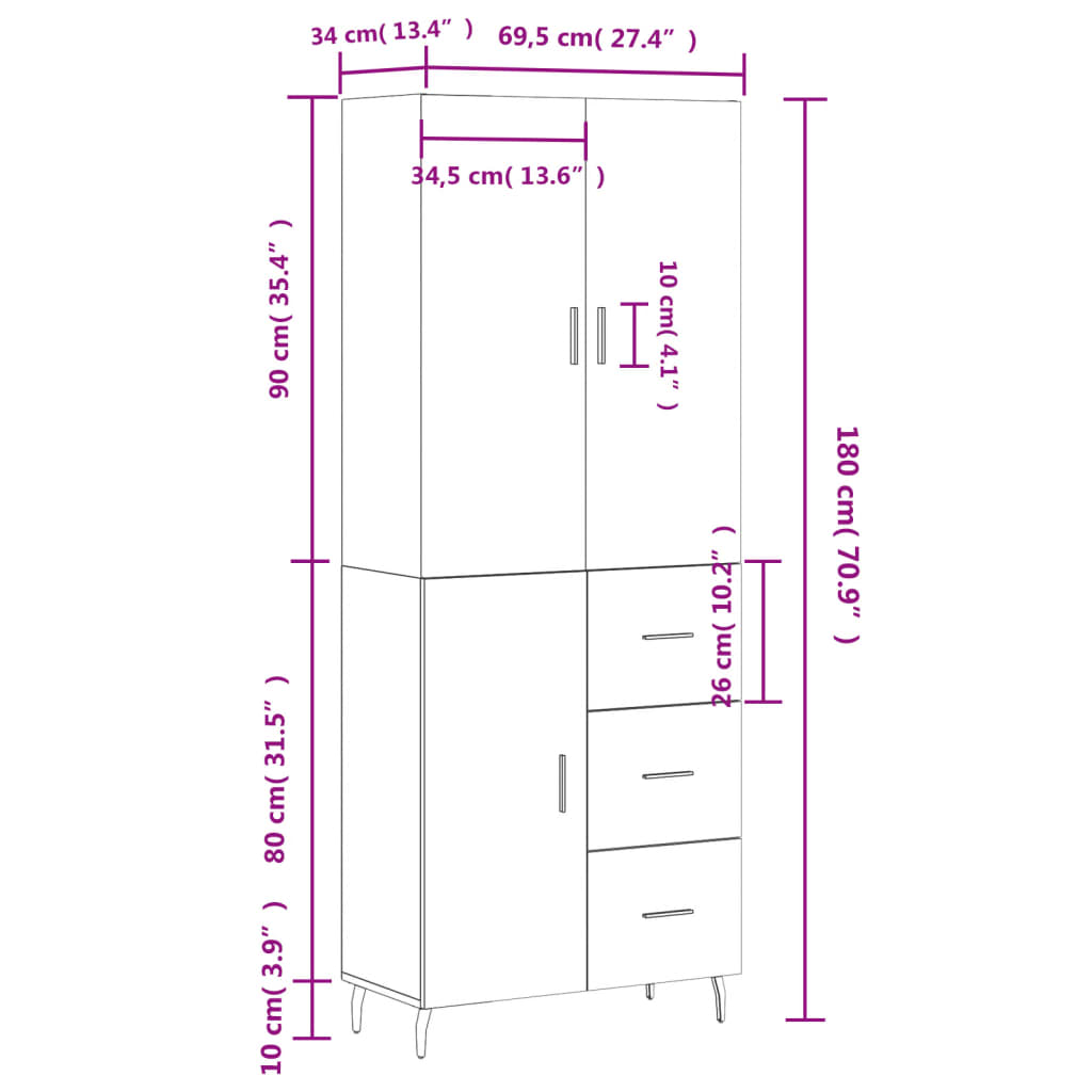 Visoka komoda dimljeni hrast 69,5x34x180 cm konstruiranog drva