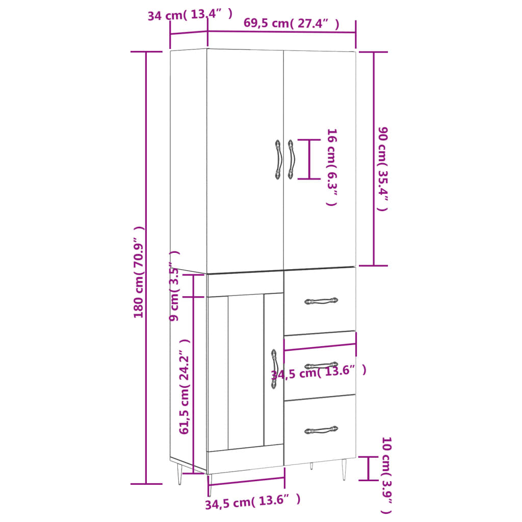Visoka komoda siva sonome 69,5x34x180 cm od konstruiranog drva