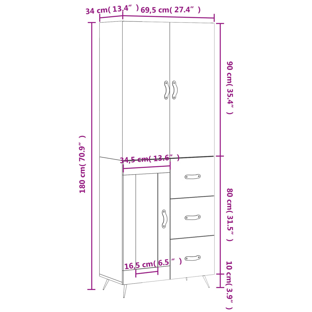 Visoka komoda siva betona 69,5x34x180 cm od konstruiranog drva