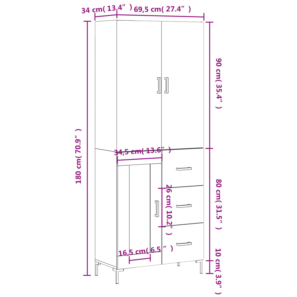 Visoka komoda siva betona 69,5x34x180 cm od konstruiranog drva