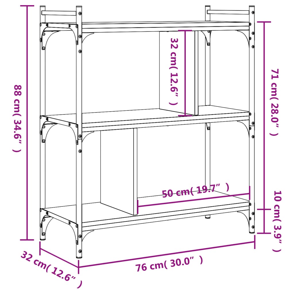 Regal za knjige s 3 razine boja hrasta 76 x 32 x 88 cm drveni
