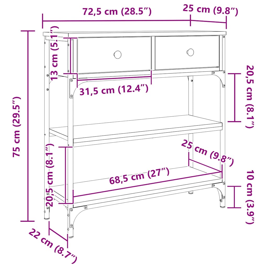 Konzolni stol boja hrasta 72,5 x 25 x 75 cm konstruirano drvo