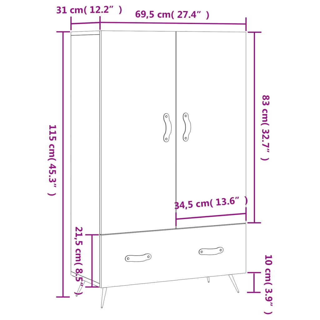 Visoka komoda boja hrasta 69,5 x 31 x 115 cm konstruirano drvo