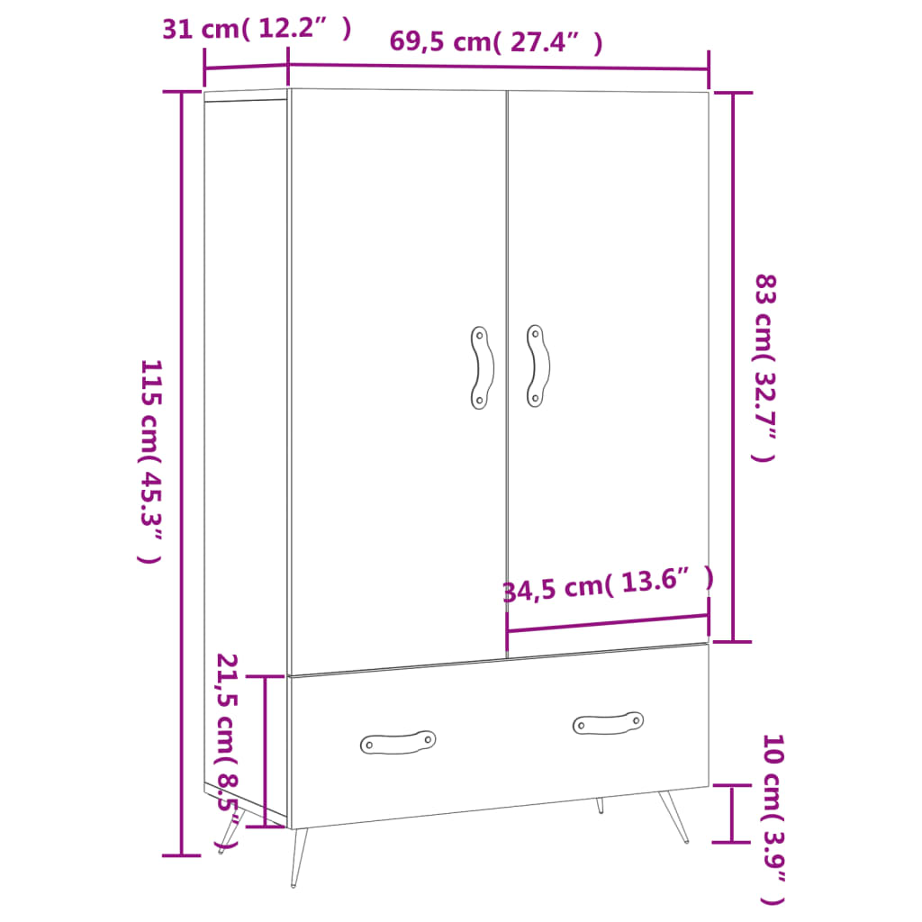 Visoka komoda smeđa boja hrasta 69,5x31x115cm konstruirano drvo
