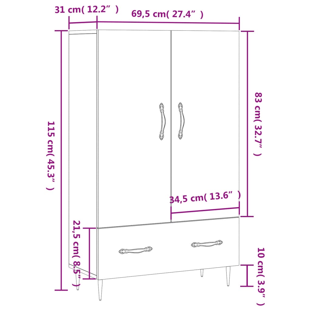 Visoka komoda boja betona 69,5 x 31 x 115 cm konstruirano drvo