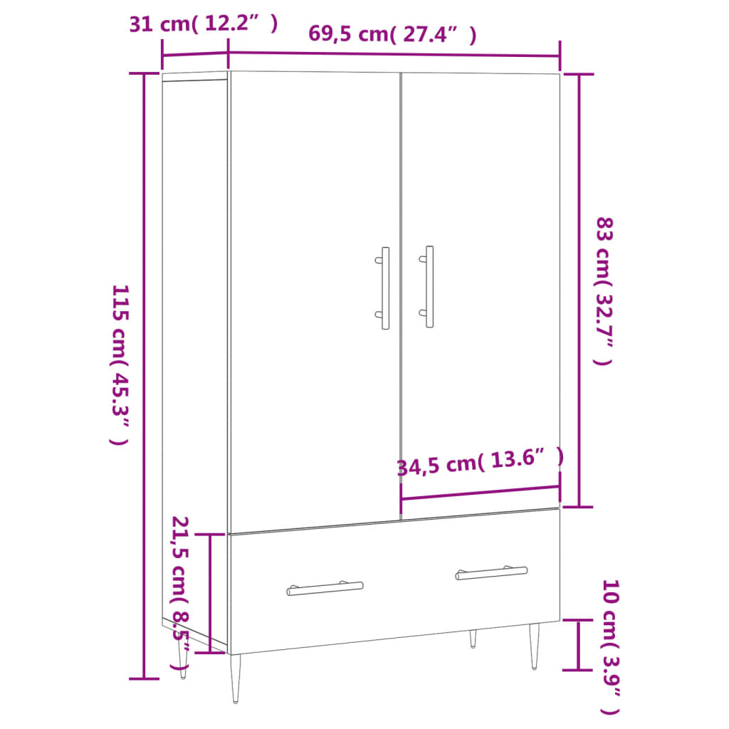 Visoka komoda boja betona 69,5 x 31 x 115 cm konstruirano drvo