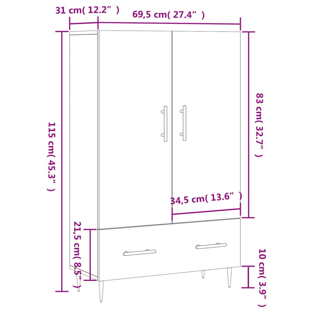 Visoka komoda siva boja hrasta 69,5x31x115 cm konstruirano drvo