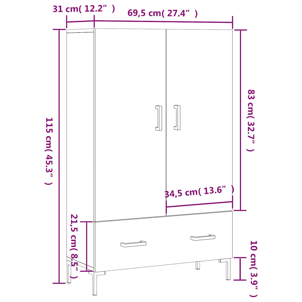 Visoka komoda siva boja hrasta 69,5x31x115 cm konstruirano drvo