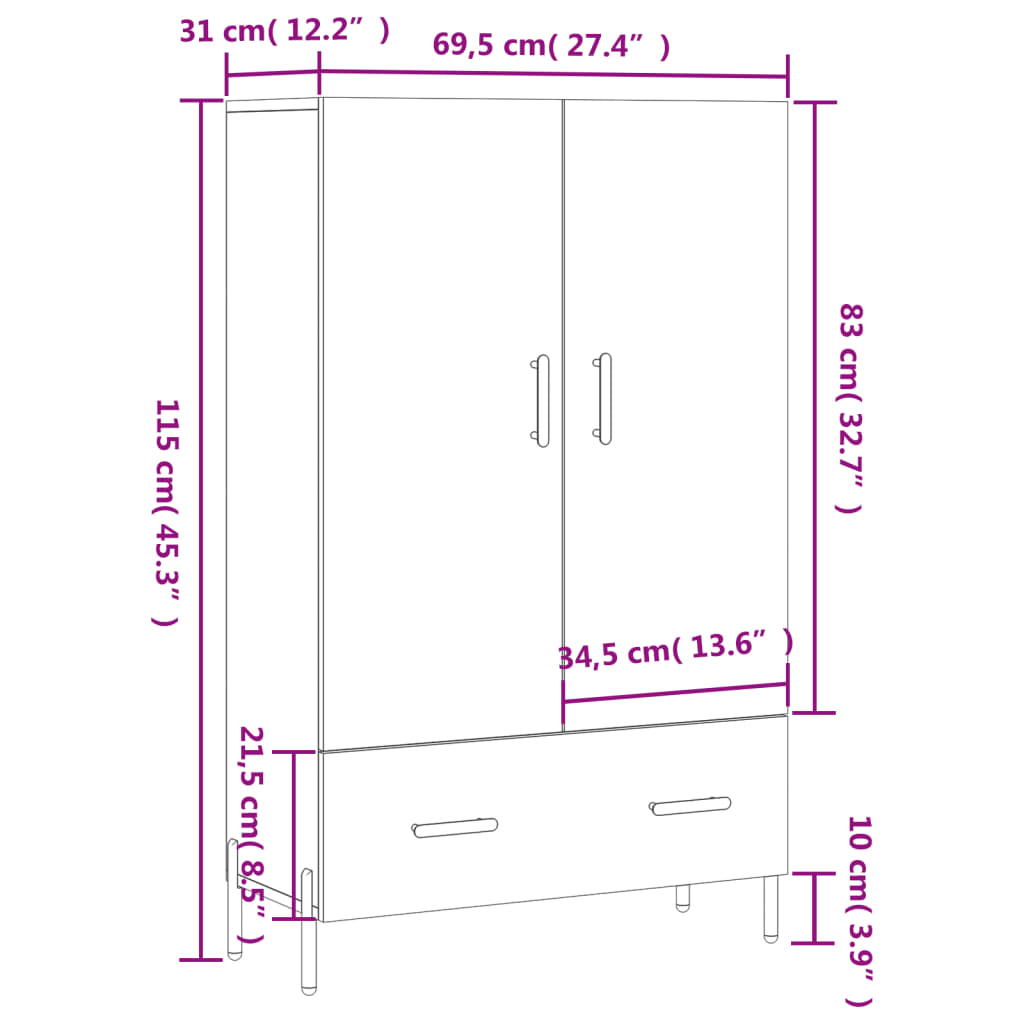 Visoka komoda sjajna bijela 69,5x31x115 cm konstruirano drvo