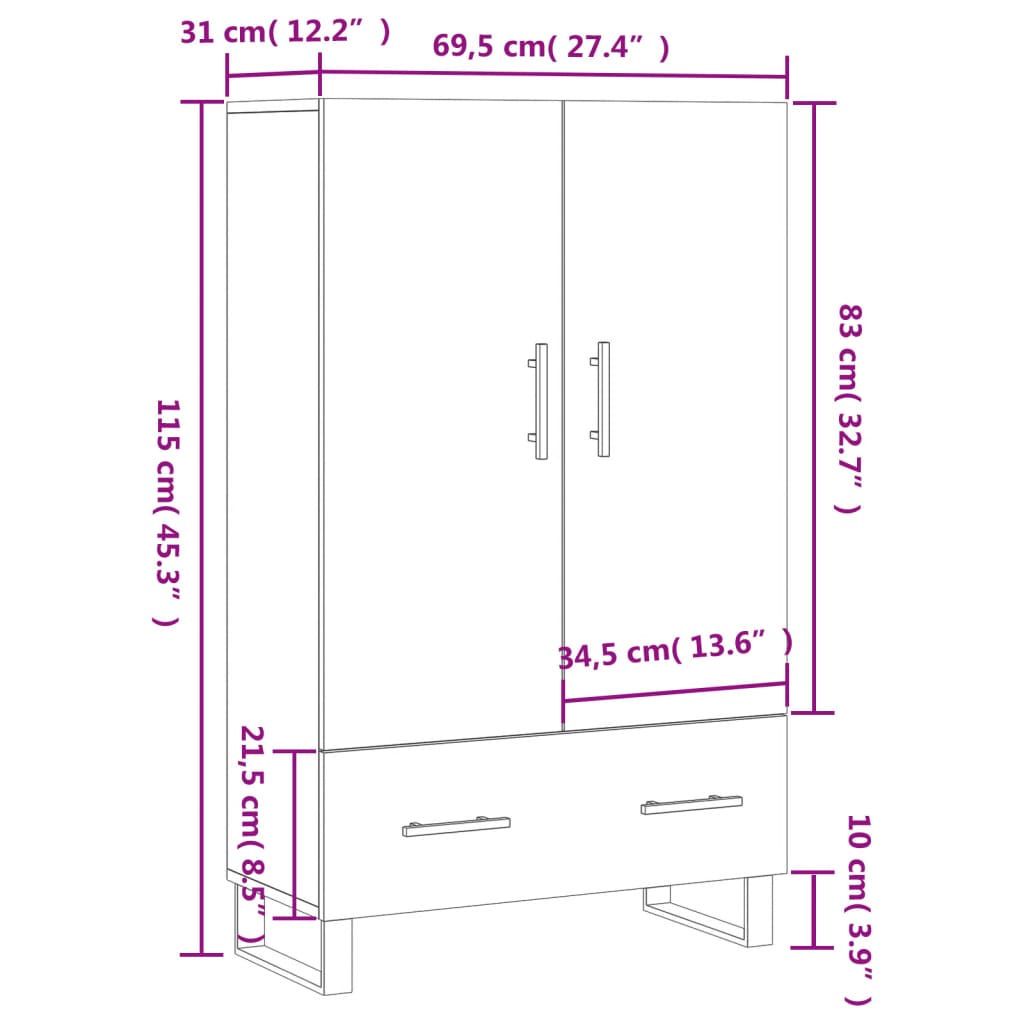 Visoka komoda siva boja hrasta 69,5x31x115 cm konstruirano drvo