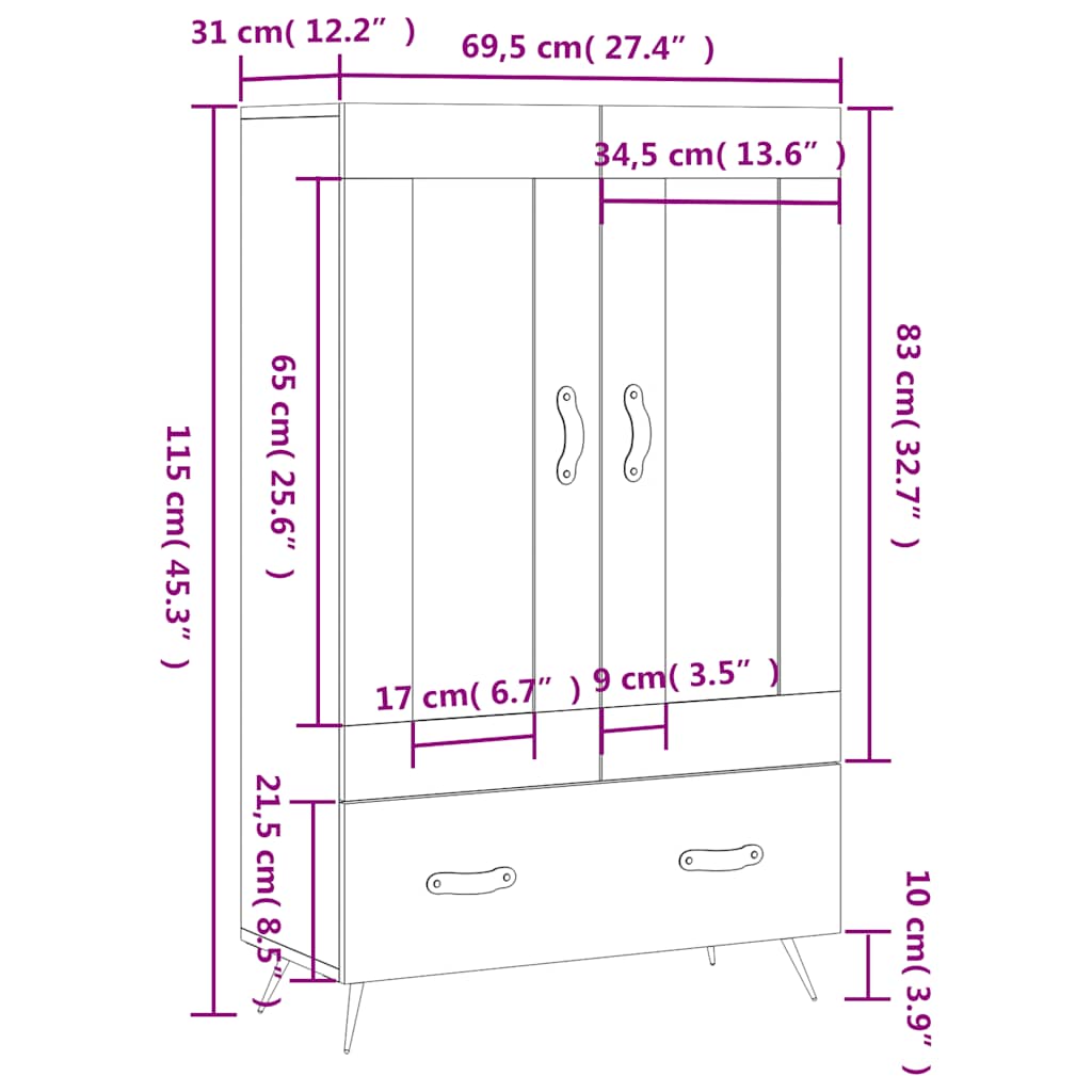 Visoka komoda crna 69,5 x 31 x 115 cm od konstruiranog drva