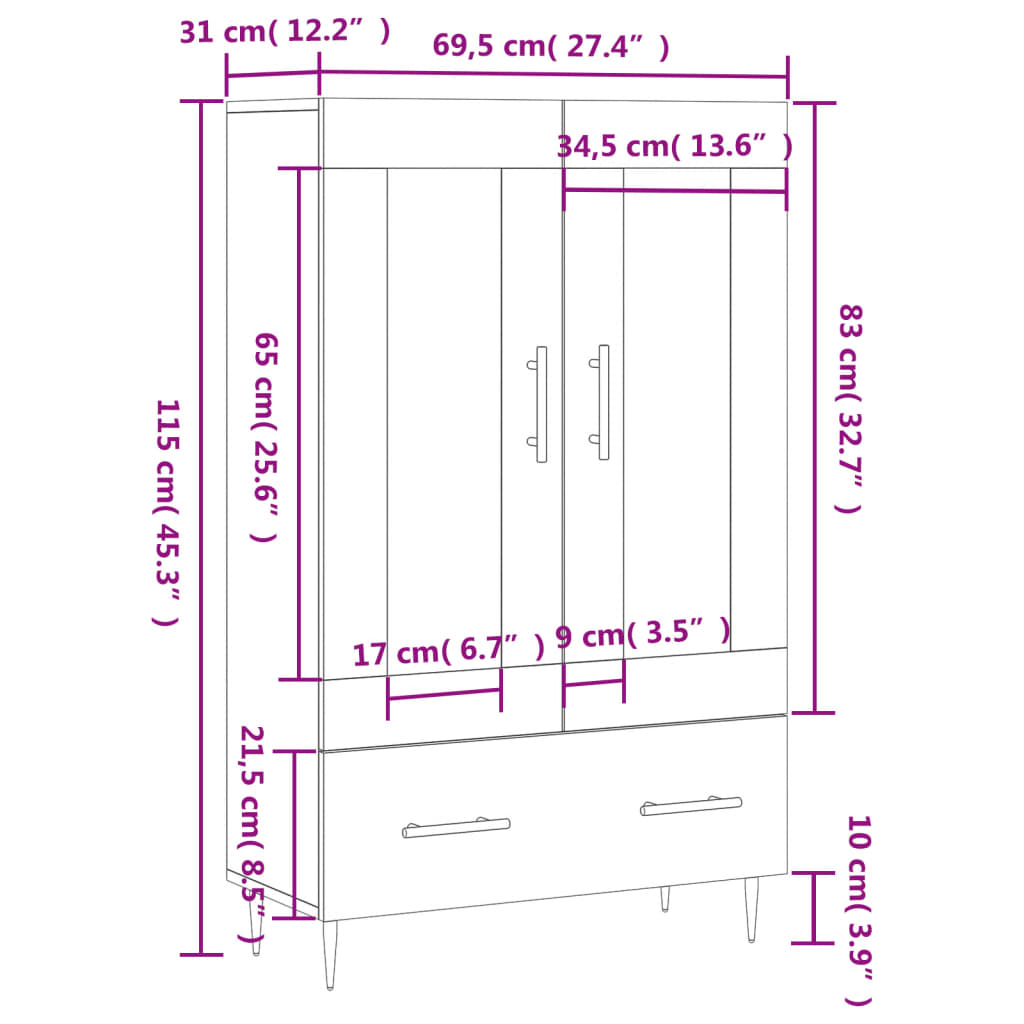 Visoka komoda boja betona 69,5 x 31 x 115 cm konstruirano drvo