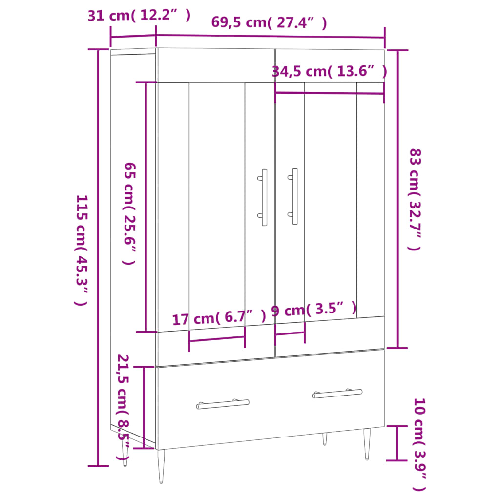 Visoka komoda boja hrasta 69,5 x 31 x 115 cm konstruirano drvo