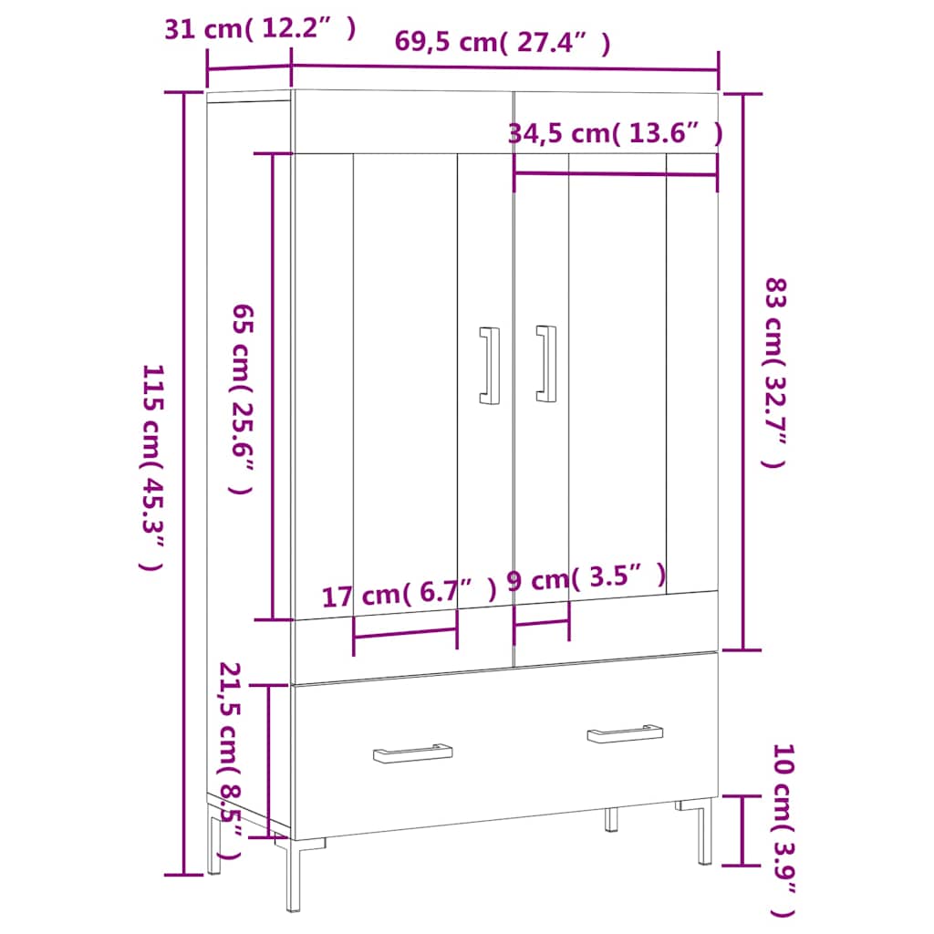 Visoka komoda boja hrasta 69,5 x 31 x 115 cm konstruirano drvo