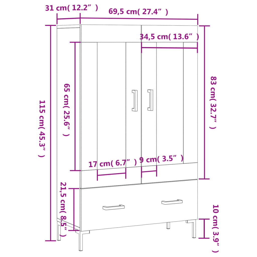 Visoka komoda siva boja hrasta 69,5x31x115 cm konstruirano drvo