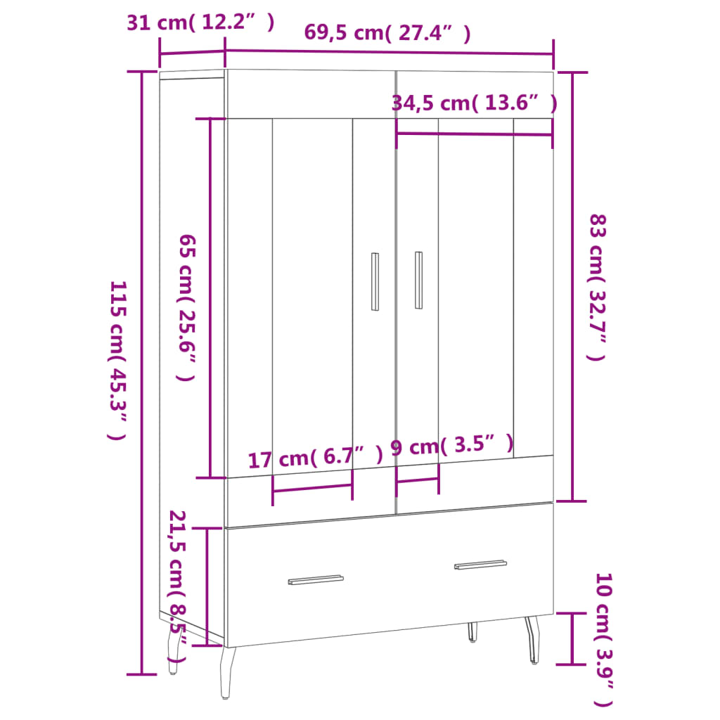 Visoka komoda siva boja hrasta 69,5x31x115 cm konstruirano drvo
