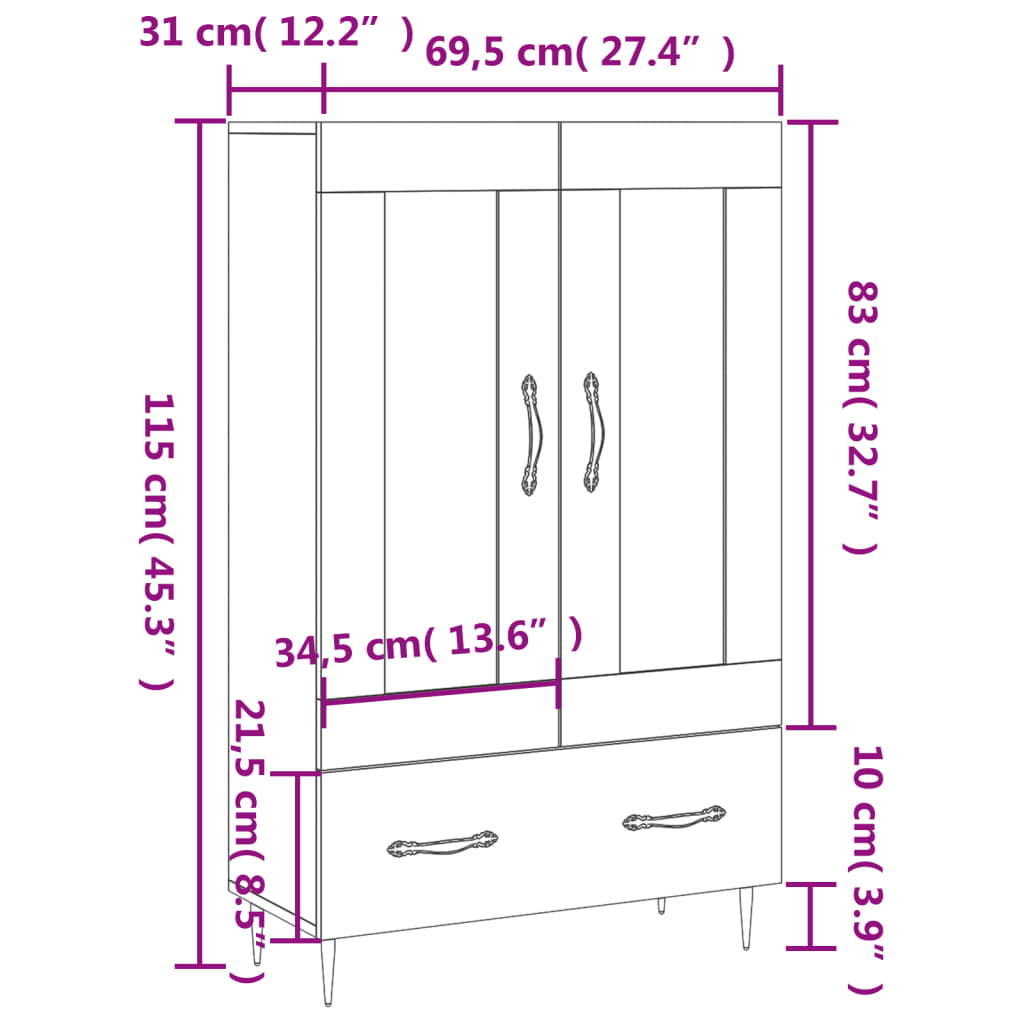 Visoka komoda boja hrasta 69,5 x 31 x 115 cm konstruirano drvo