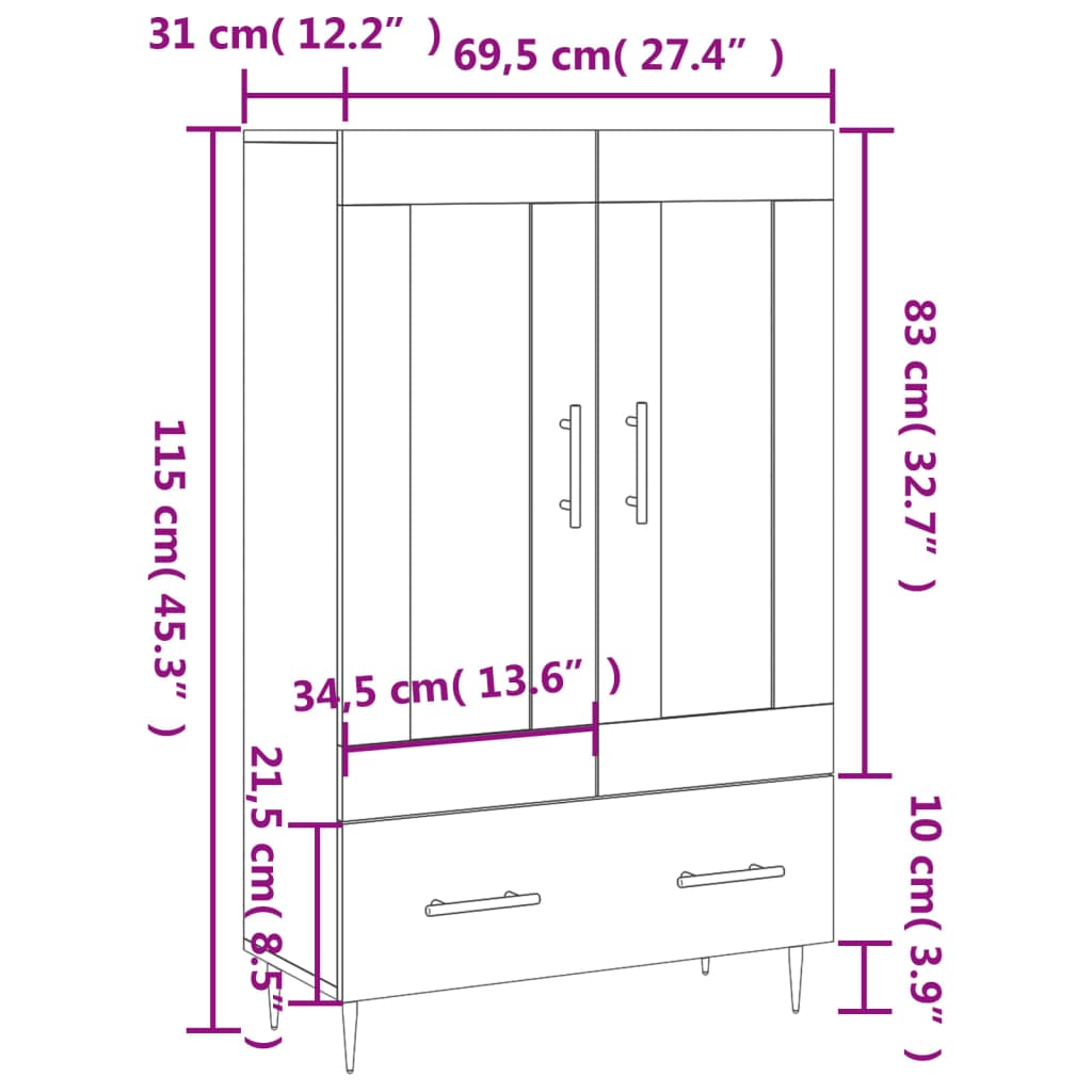 Visoka komoda boja hrasta 69,5 x 31 x 115 cm konstruirano drvo
