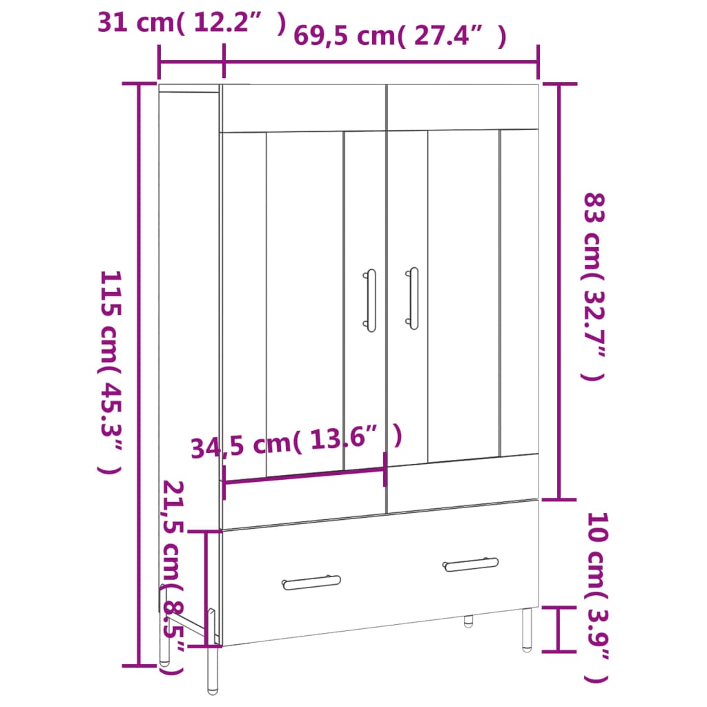 Visoka komoda boja hrasta 69,5 x 31 x 115 cm konstruirano drvo