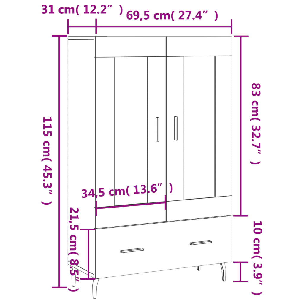 Visoka komoda siva boja hrasta 69,5x31x115 cm konstruirano drvo