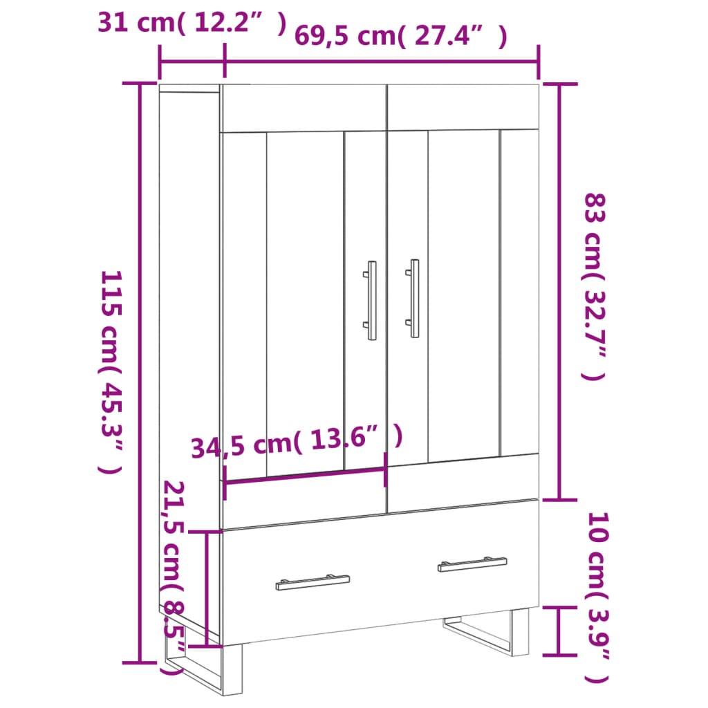 Visoka komoda bijela 69,5 x 31 x 115 cm od konstruiranog drva
