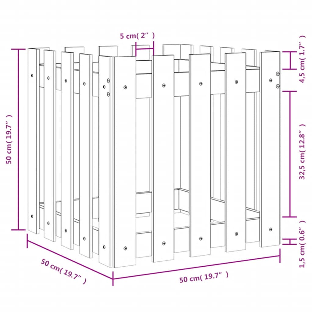 Vrtna sadilica s izgledom ograde bijela 50x50x50 cm od borovine
