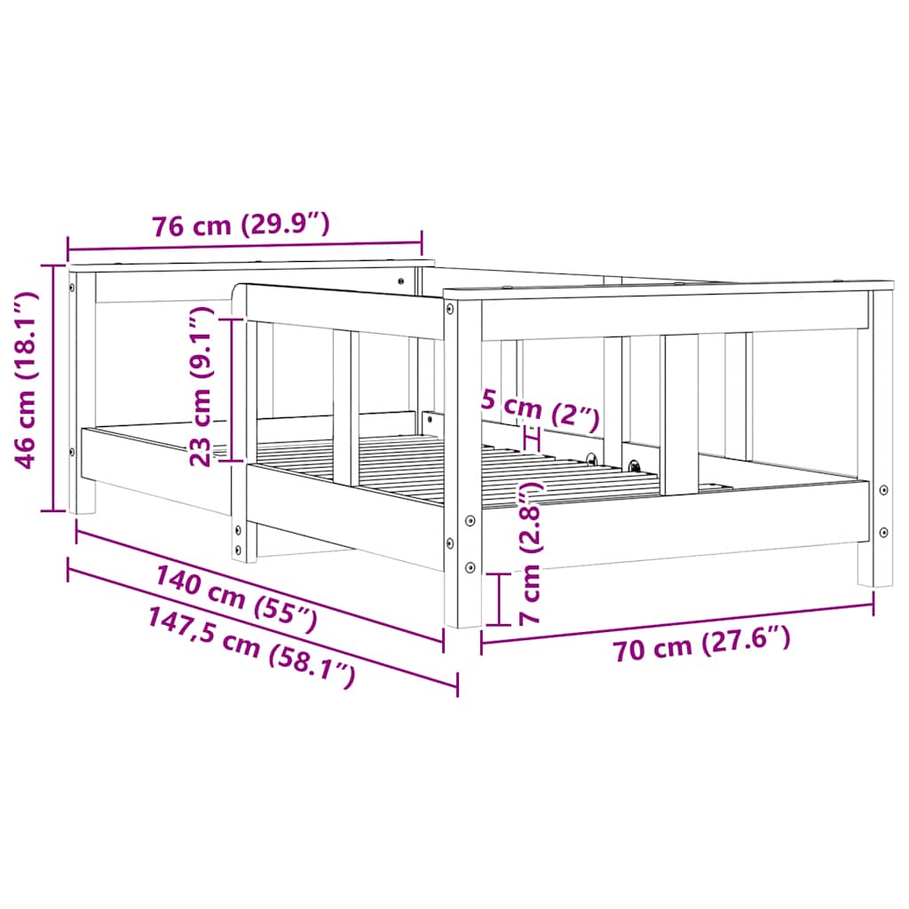 Okvir za dječji krevet 70 x 140 cm od masivne borovine