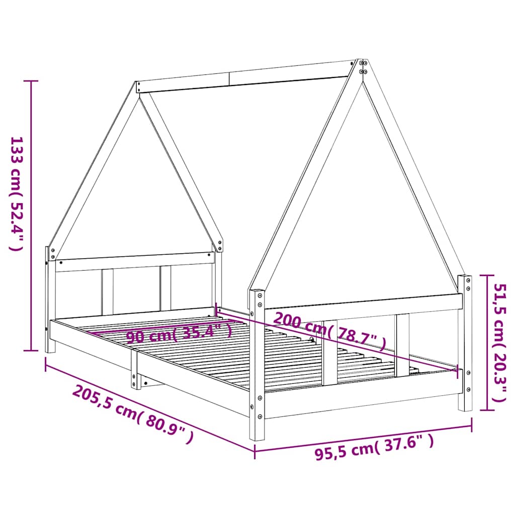 Okvir za dječji krevet crni 90 x 200 cm od masivne borovine