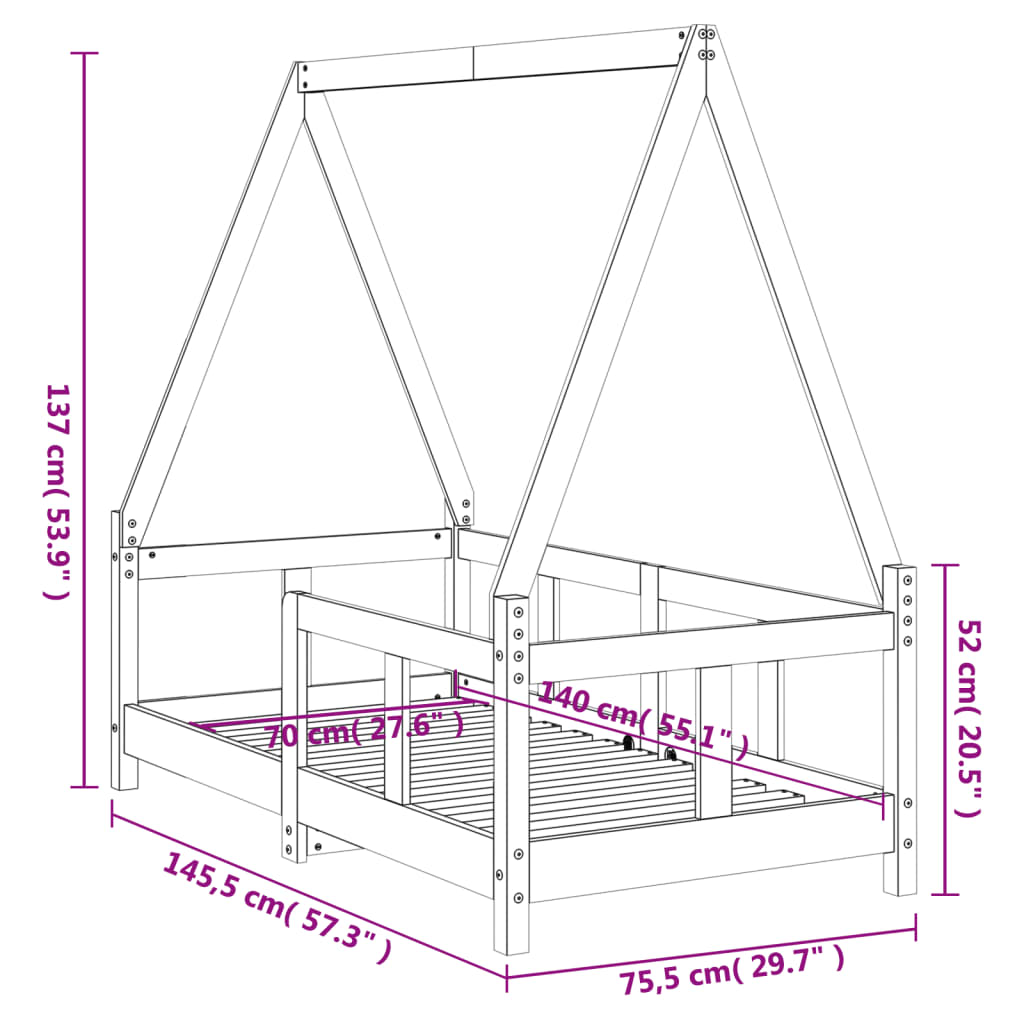 Okvir za dječji krevet bijeli 70 x 140 cm od masivne borovine