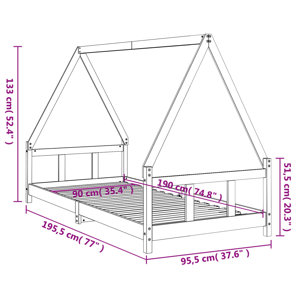 Okvir za dječji krevet crni 90 x 190 cm od masivne borovine