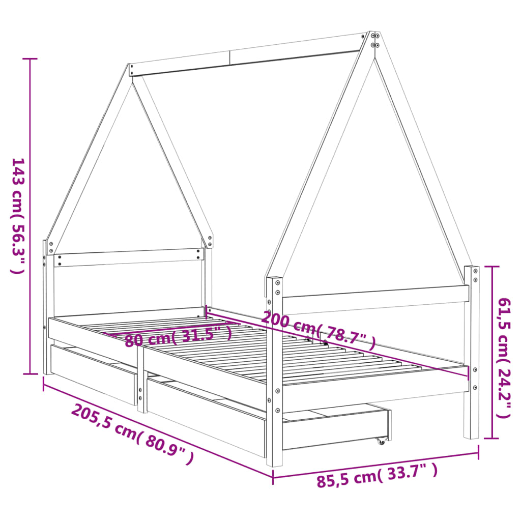Okvir dječjeg kreveta s ladicama crni 80 x 200 cm od borovine