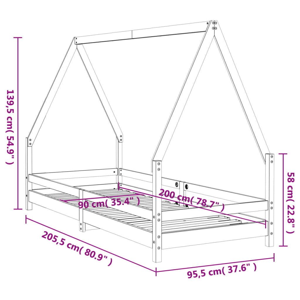 Okvir za dječji krevet bijeli 90 x 200 cm od masivne borovine