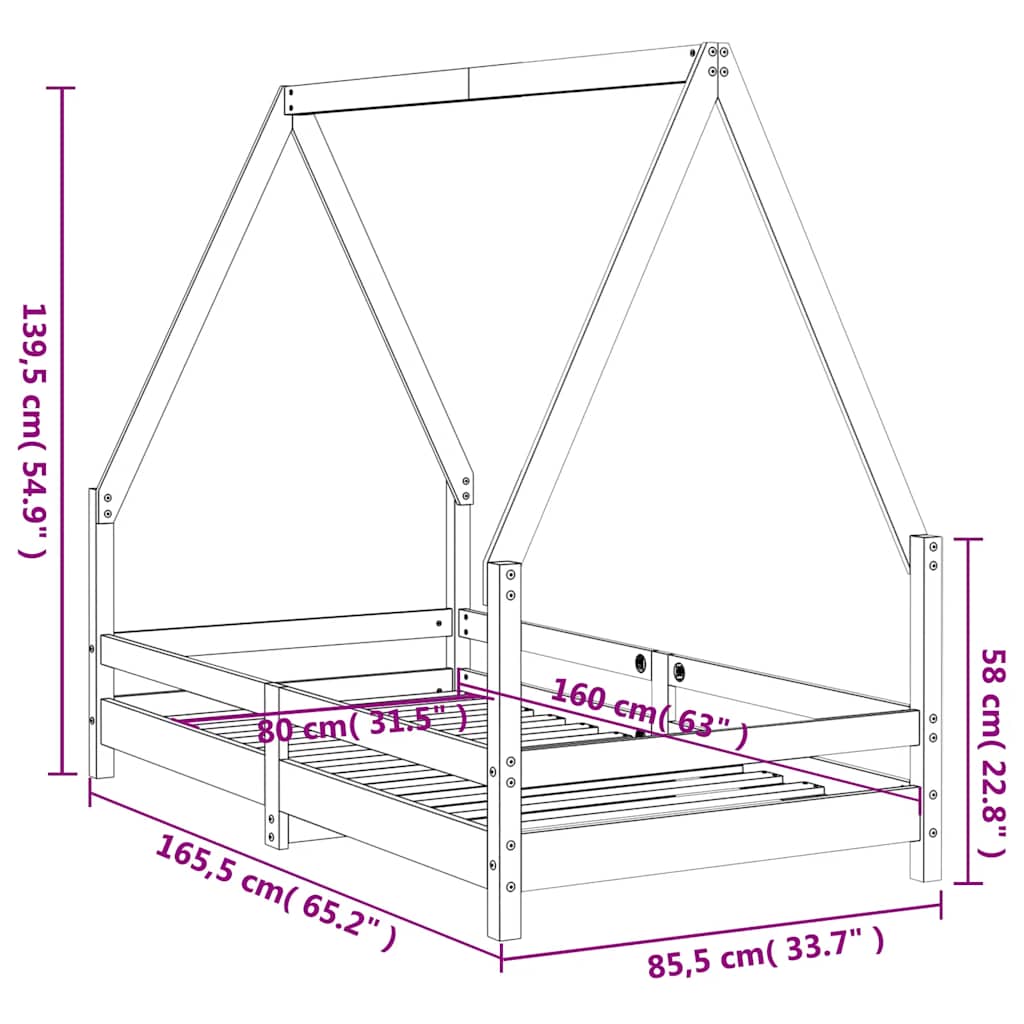 Okvir za dječji krevet crni 80 x 160 cm od masivne borovine