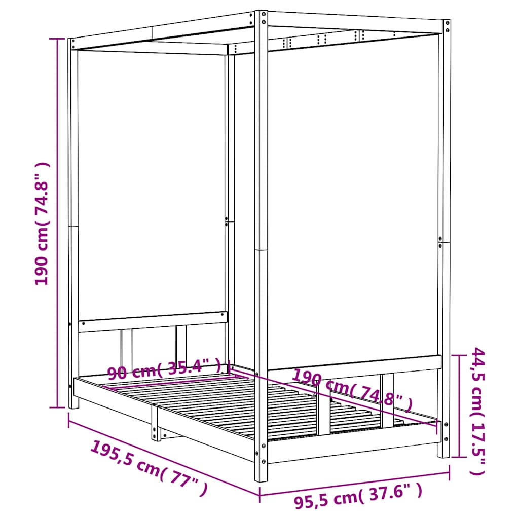 Okvir za dječji krevet crni 90 x 190 cm od masivne borovine