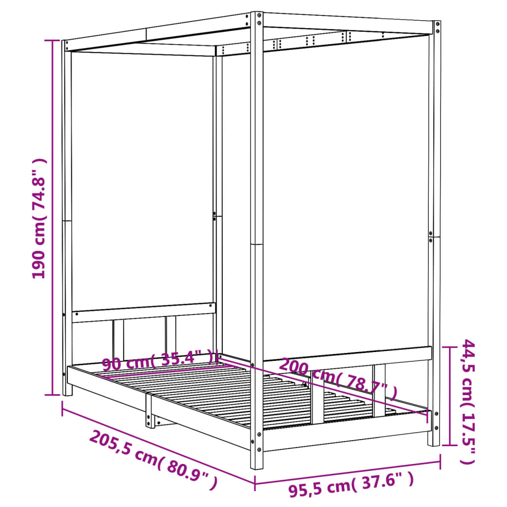 Okvir za dječji krevet bijeli 90 x 200 cm od masivne borovine