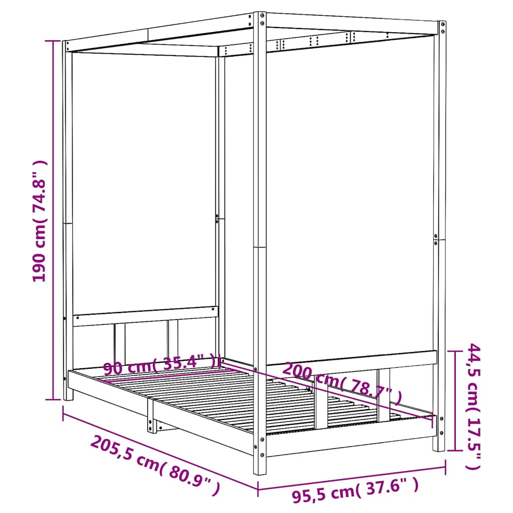 Okvir za dječji krevet crni 90 x 200 cm od masivne borovine