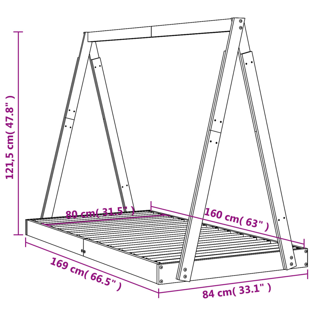 Okvir za dječji krevet crni 80 x 160 cm od masivne borovine