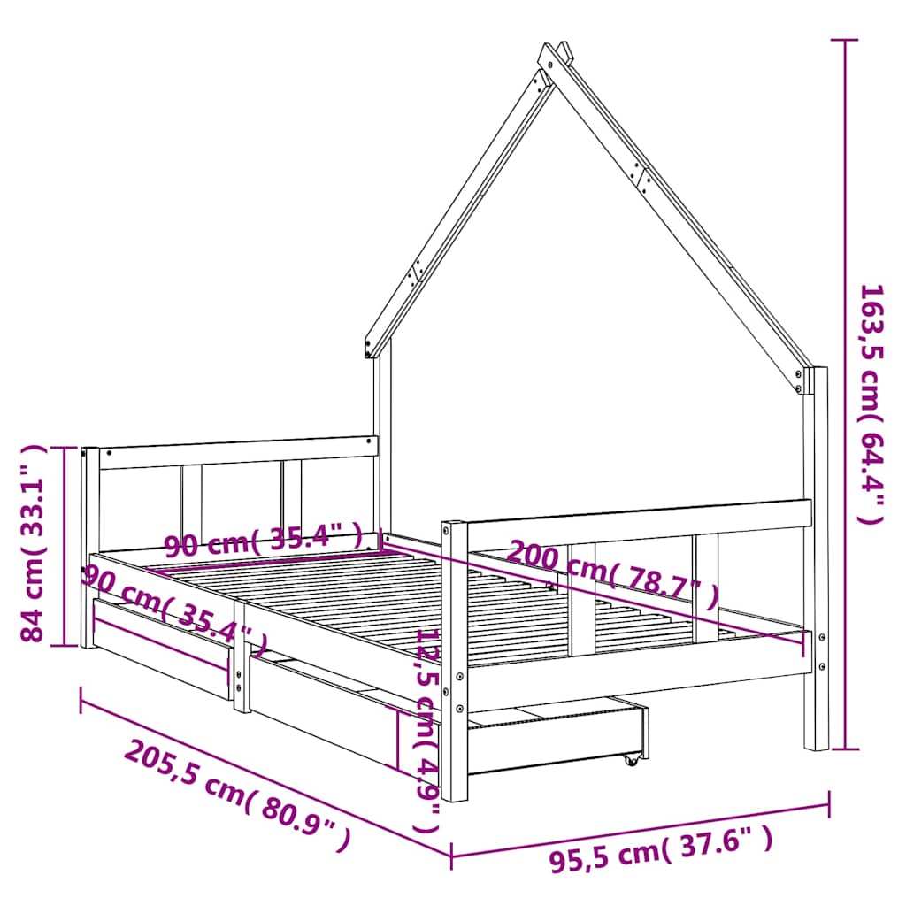 Okvir za dječji krevet s ladicama bijeli 90 x 200 cm borovina